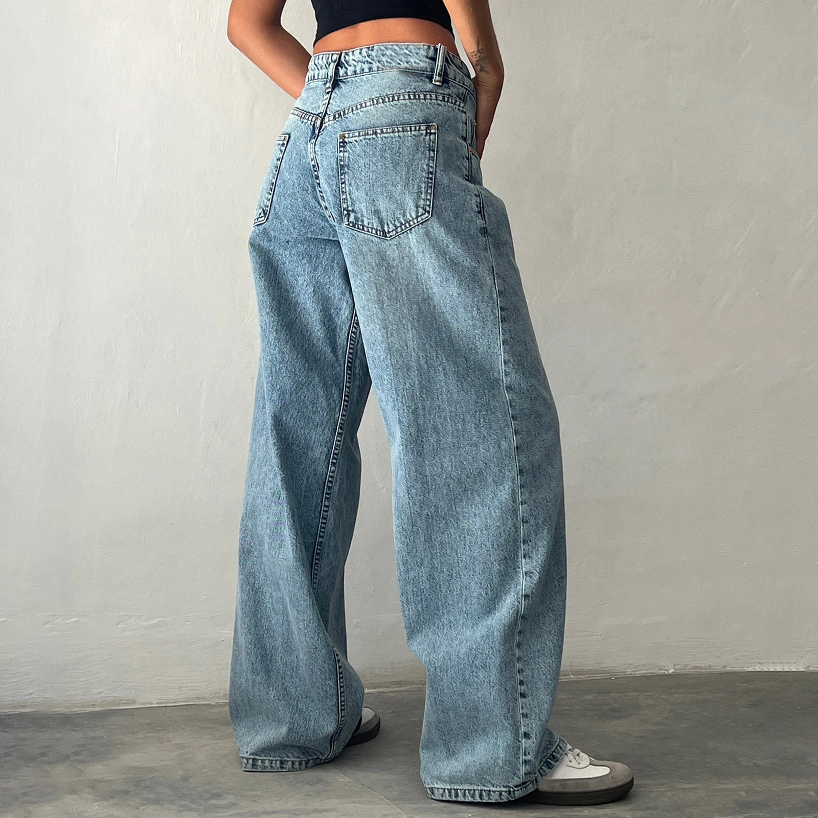 Y2K womens pocket jeans fashionable low rise casual straight leg boyfriend jeans pocket streetwear 241023