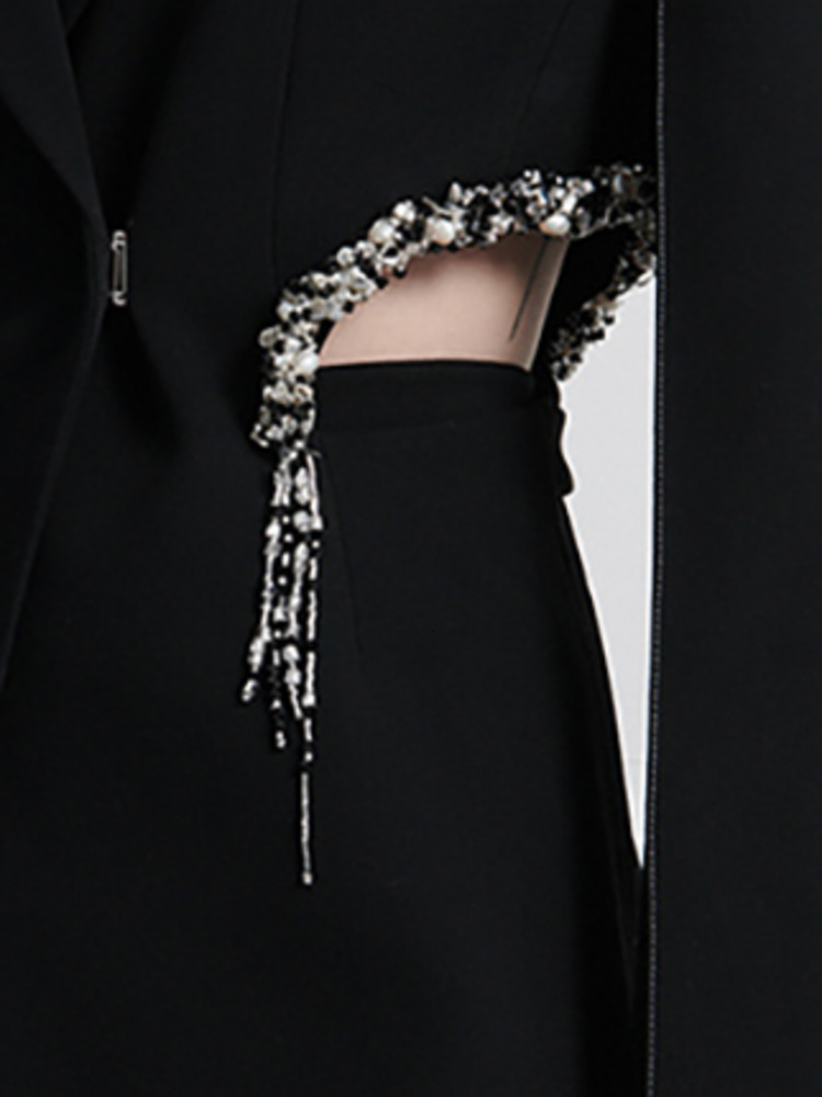 DEAT Fashion Women's Blazer Notched Collar Hidden Breasted Long Sleeve Hollow Out Spliced Crystal Suit Summer 2024 New 17A7109