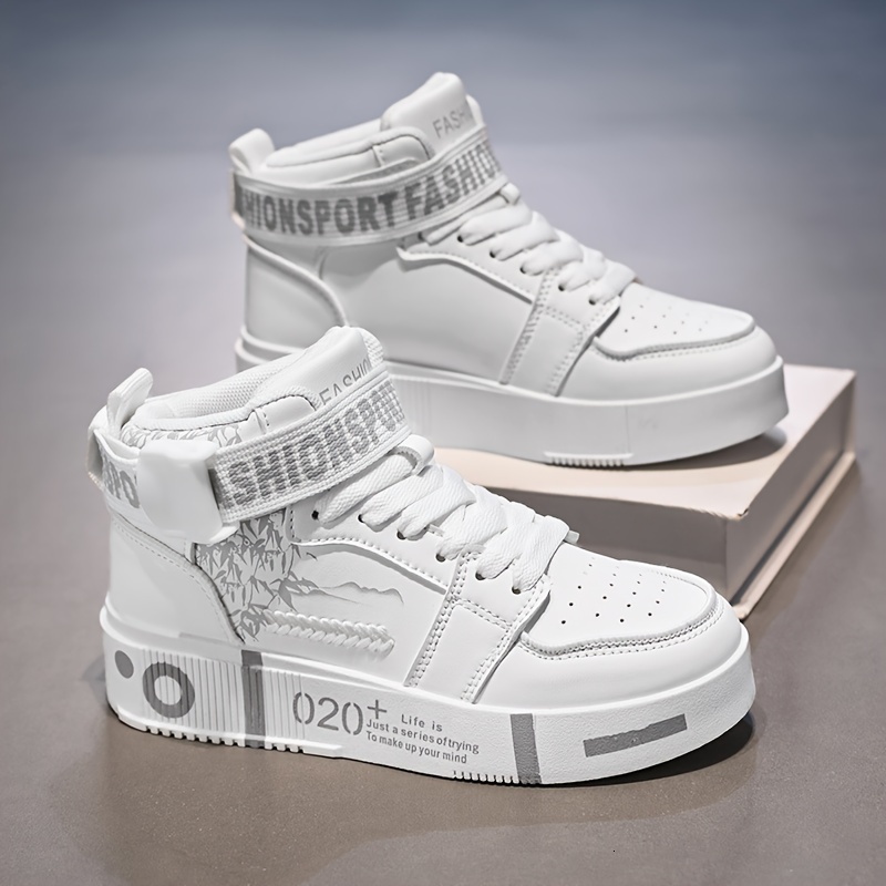 Men S High Top Fashionable Sports Shoes Casual Lace Up Solid Color PU Upper Breathable Lining Wear Resistant Rubber Outsole Comfortable Fabric Insole