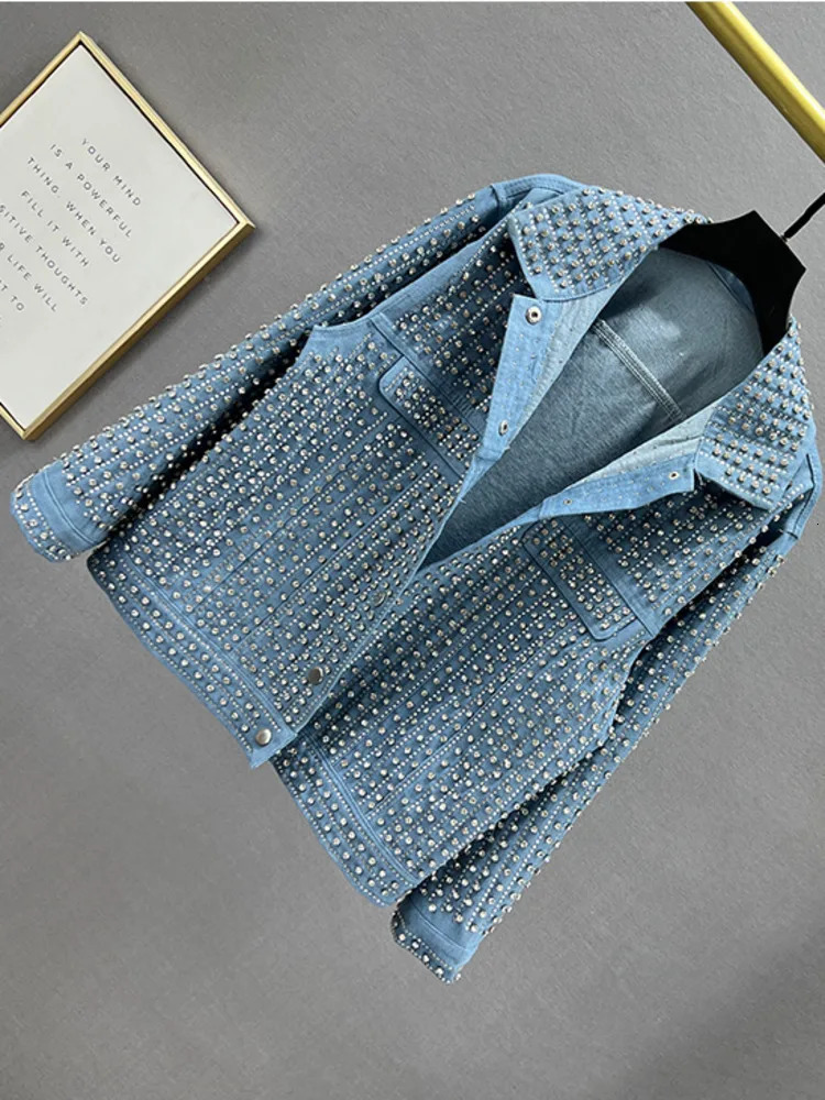 Street Clothing Splicing Rivet Denim Jacket Womens Fashion Collar Long Sleeve Loose Coat Womens Coat Autumn Trend