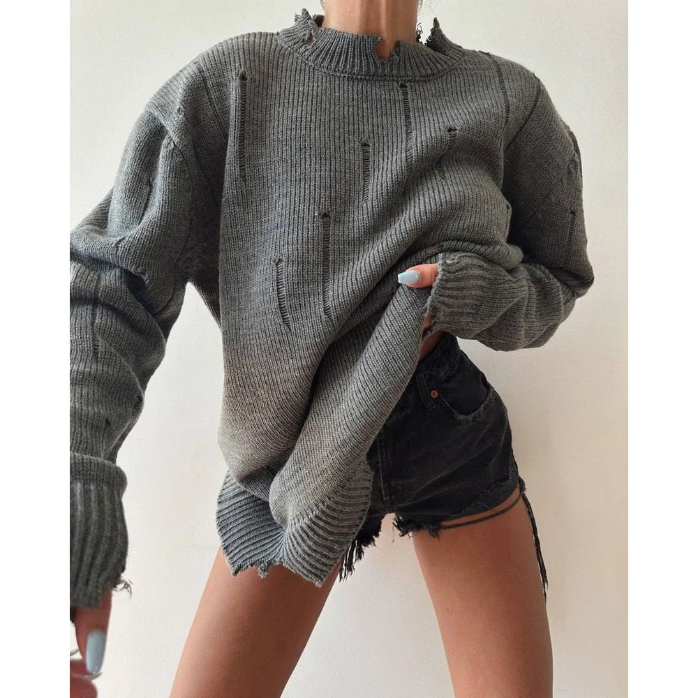 selling womens top torn sweater Y2K floral casual long sleeved knitted O-neck jumper retro floral couple clothing 241022