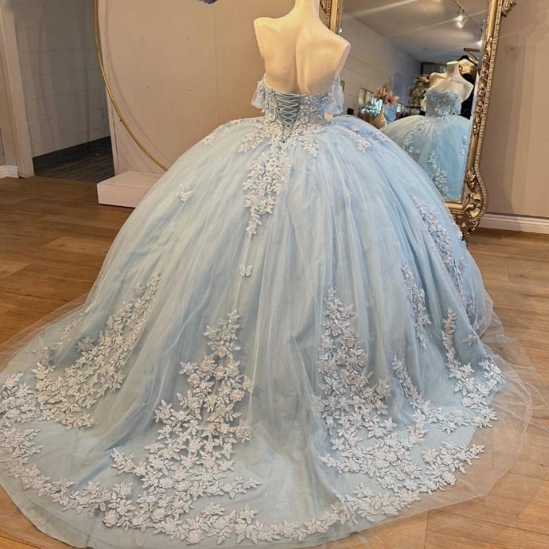 Sky Blue Shiny Quinceanera Dresses Ball Gown Off The Shoulder Lace Applique Beading Crystal Tull Mexican Corset Sweet 16 Dress Vestido De 15 Anos