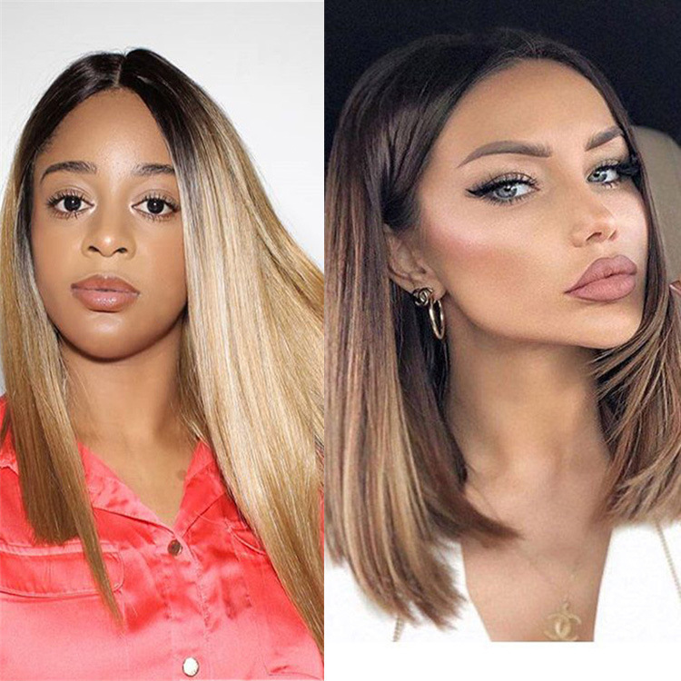 Wig women's medium-length straight hair gradient wig middle-parted bangs chemical fiber wig