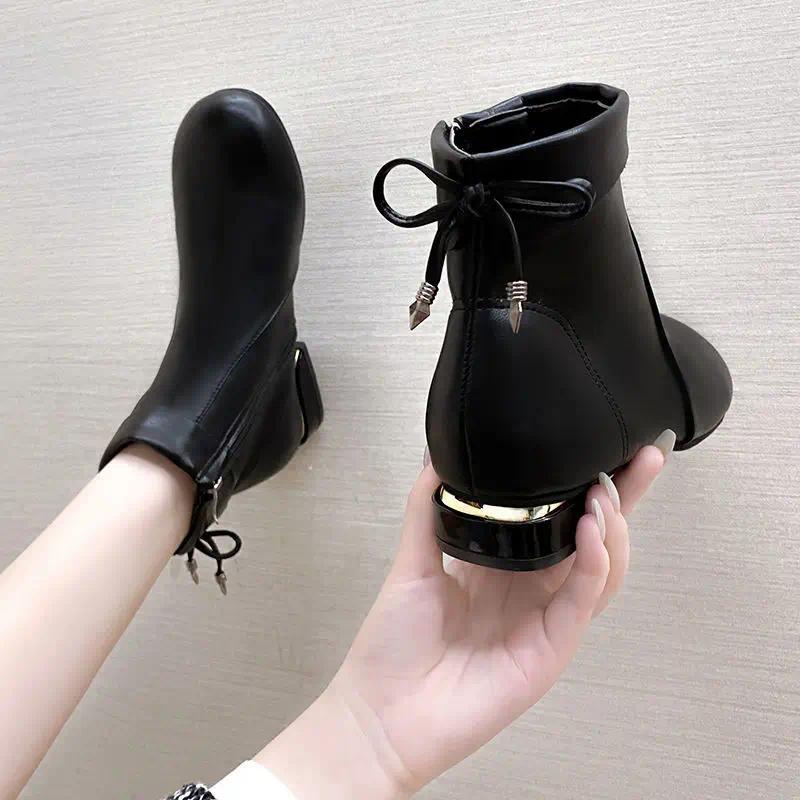 Boots Women Red Nice Soft-soled All-match Round Toe Zip Ankle Fashion Leather Veet Warm Square Heel