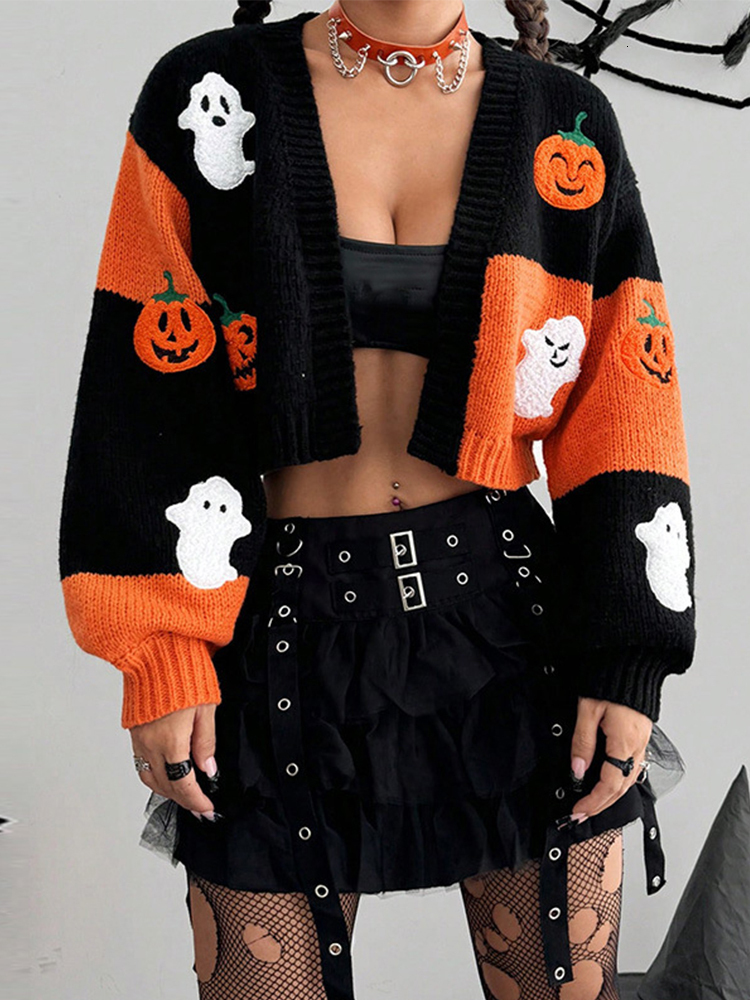 Casual Ghost Pumpkin Pattern Knitted Cardigan Vintage Long Sleeve Patchwork Female Crop Sweater Autumn Halloween Ladies Outwear