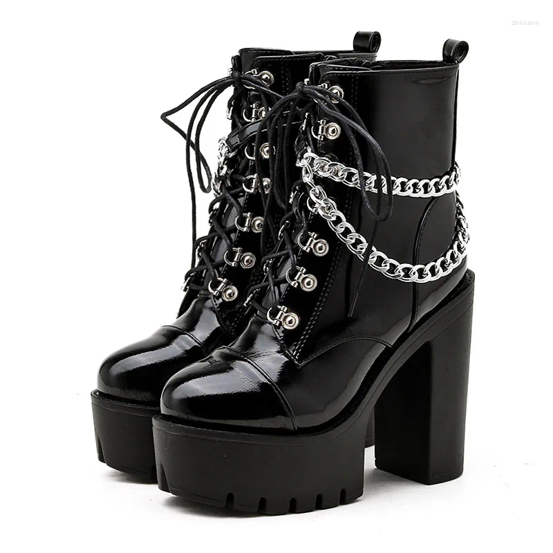 Boots 2024 Women's Black Gothic High Heel Ankle Sexy Chain Punk Style Patent Leather Platform Lace Up Motorcycle