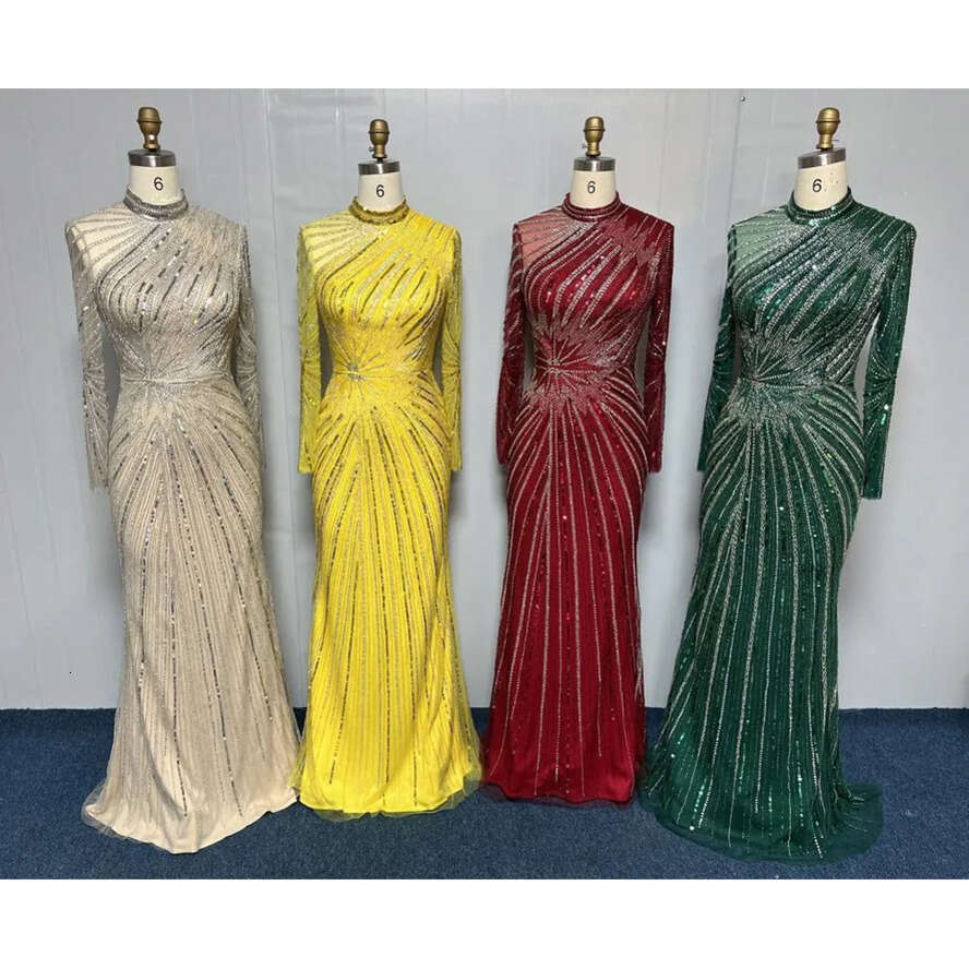 Muslim Elegant Yellow Mermaid Evening Dresses For Women Dubai Long Sleeves Beaded Arabic Formal Party Gowns Bc17007 mal