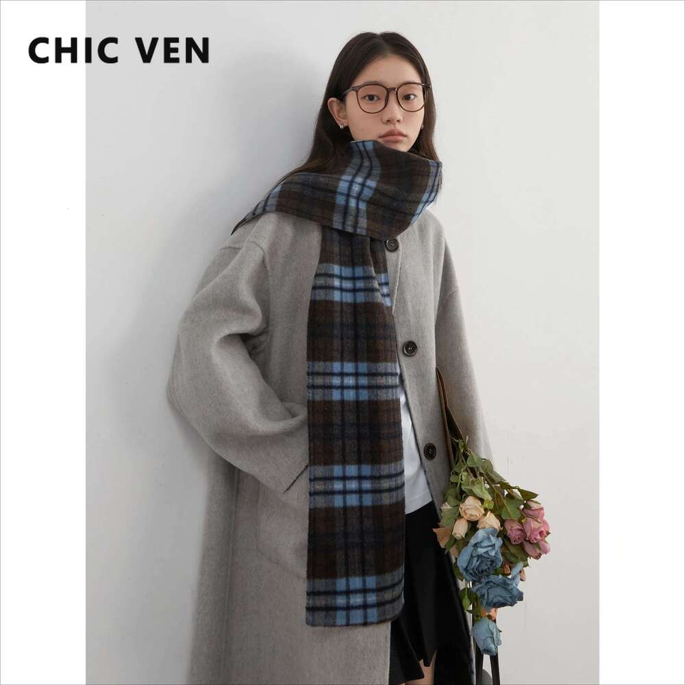 CHIC VEN Women Woolen Long Coat Loose New Double-Sided Overcoat With Scarf Ladies Plaid Topcoat Autumn Winter 2024 Clothing