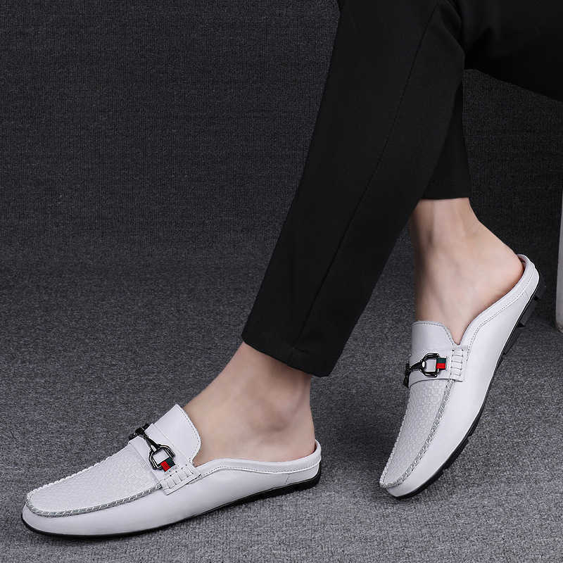 Men Dress Shoes New Mens Fashion Embossed Metal Buckle Casual Half Dragging Convenient One Step Leather Shoes Comfortable And Breathable Casual Shoes 