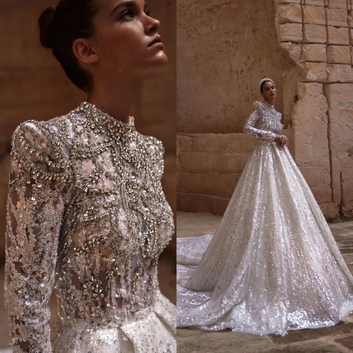 Urious Crystal Wedding Dresses High Neck Sequins Bride Gown A-E Bridal Dress Shiny Long Sleeves Custom Made Sweep Train Vestidos De Novia 0219