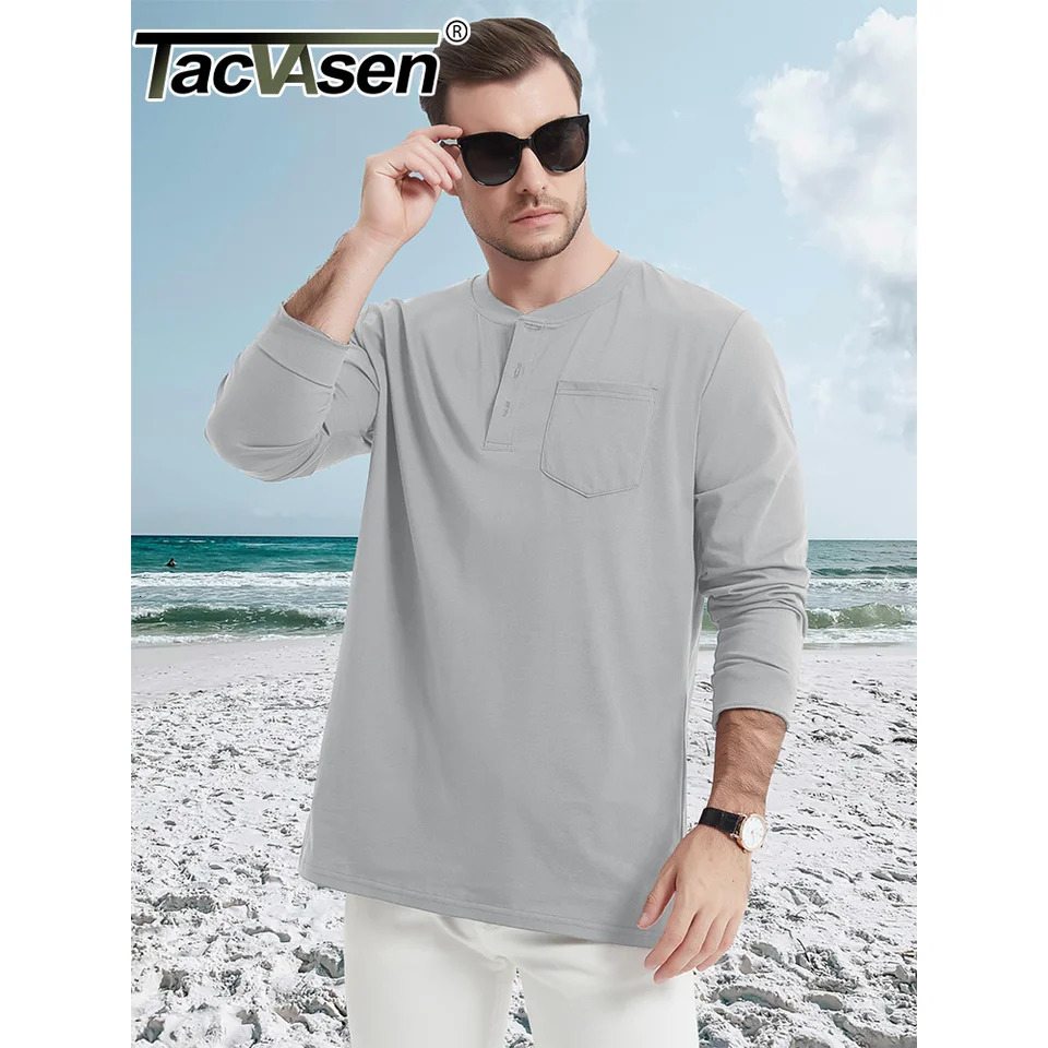 Takwasen high-quality cotton Henry T-shirt mens Henry collar long sleeved shirt spring and autumn casual shirt floral top mens T-shirt 241024