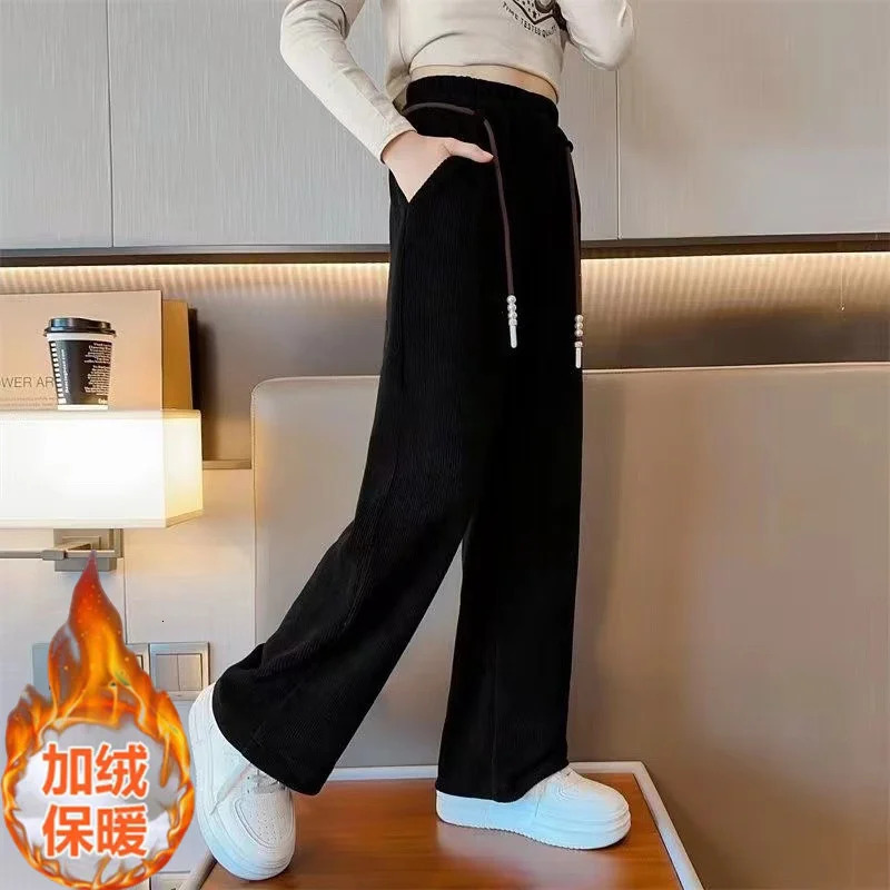 Autumn and Winter Corduroy Trousers Girls Velvet Wide Leg Sports Pants Fashion Loose Casual Pants Childrens Sports Straight Pants 241024