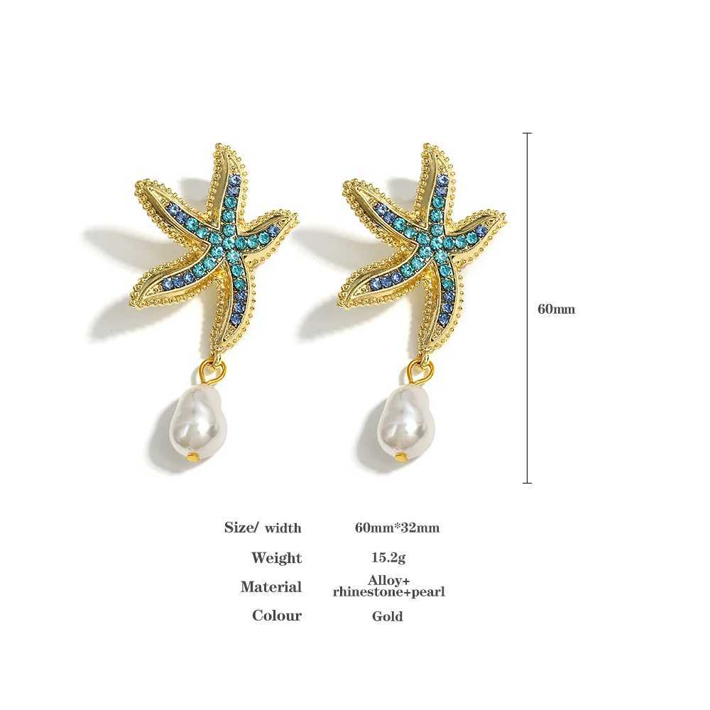 Bohemian Starfish Earrings Pearl Blue Rhinestone Pendant Earrings Suitable for Women Starfish Jewelry Summer Holiday Beach Gifts W241023