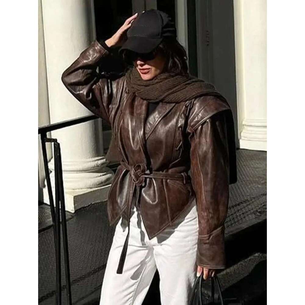 Pu Motorcycle Coat Women Fashion Spring Autumn Faux Leather Jacket Vintage V Neck Female High Street Casual Ladies Outwear