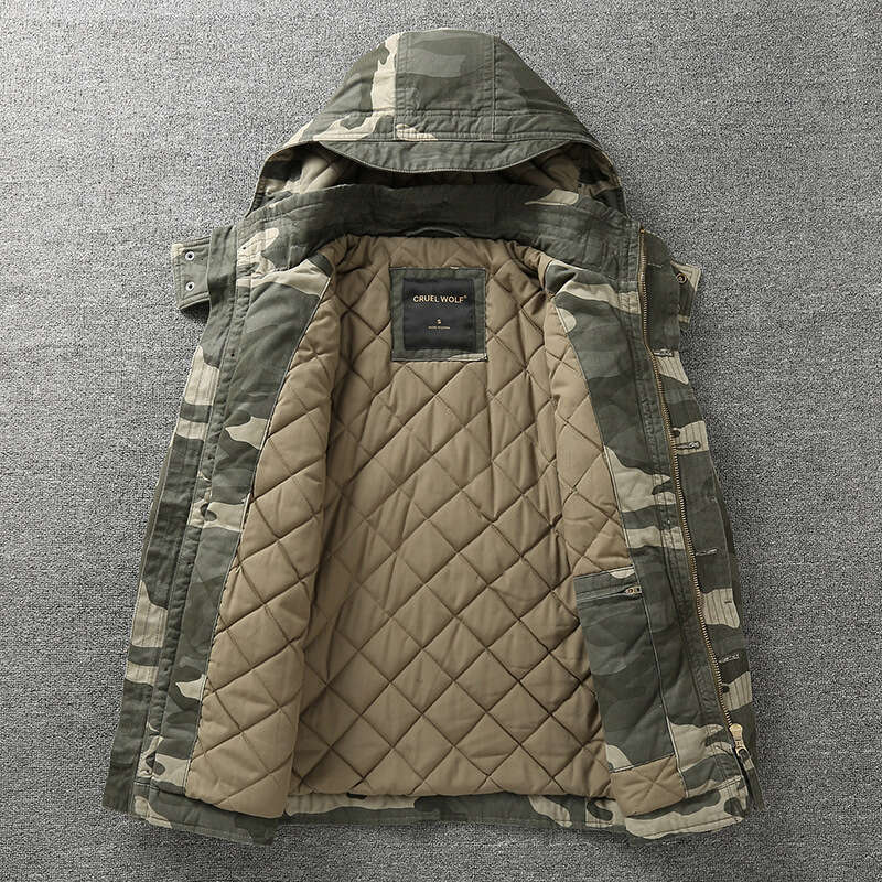 Autumn Winter Thicken Warm Camouflage Cotton Padded Jacket With Hooded Multiple Pockets Workwear Thermal Coats Outdoor For Men