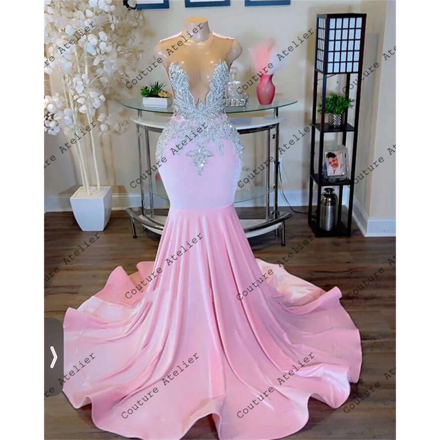 Sier Beaded Pink Prom Dresses For Black Girls Mermaid Dress Party Evening Elegant Celebrity Formal Gowns O Neck Robe
