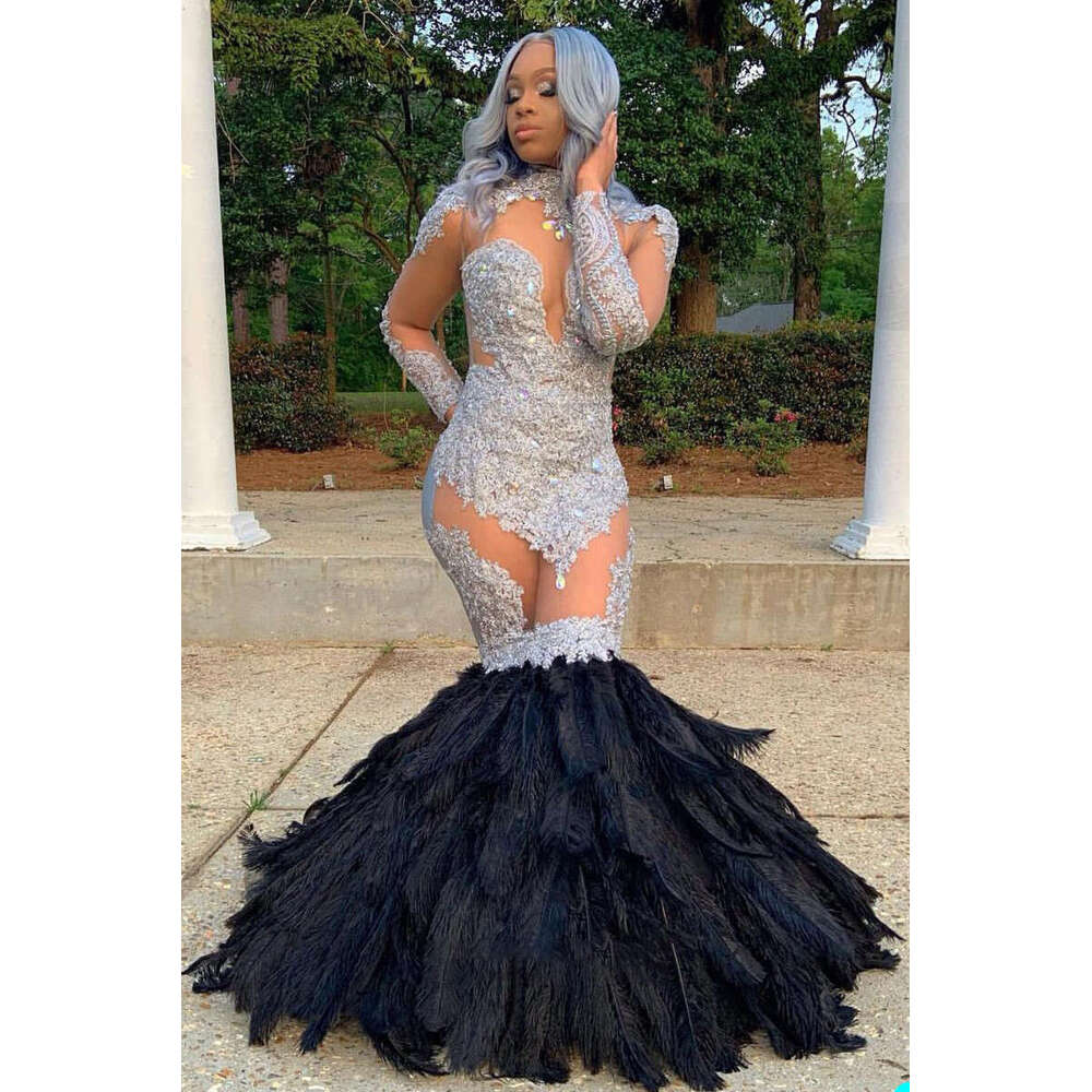 Sexy Prom Dresses For Women Applique Crystal Dress Slim Fit Long Sleeves High Collar Gown Evening Party Feather Skirt