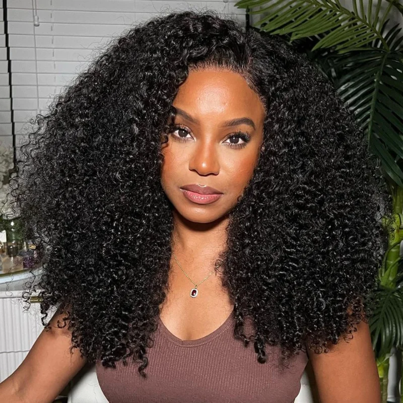 350% Density Fluffy Afro Kinky Curly Human Hair Wigs 13X4 Transparent Lace Frontal Synthetic Closure Wig Natural Color