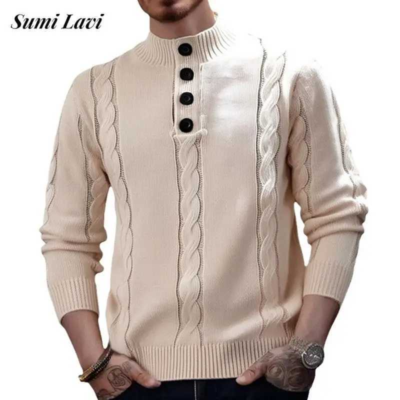 Vintage Twist Crochet Mens Sweaters 2024 Autumn Casual Slim Buttoned Stand Collar Sweater For Men Fashion Solid Color Knit Tops LX241024