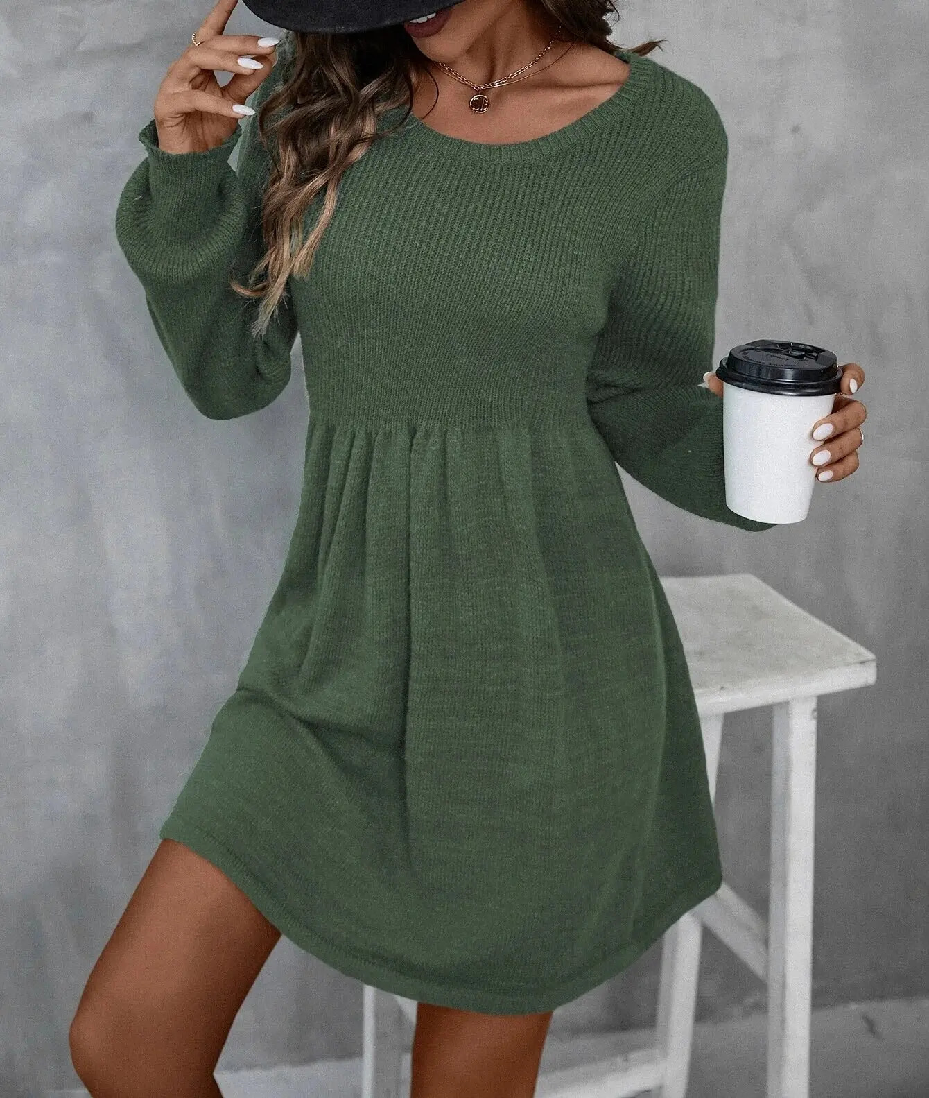 Solid knit sweater dress elegant long sleeved A-Line mini dress womens clothing 241024