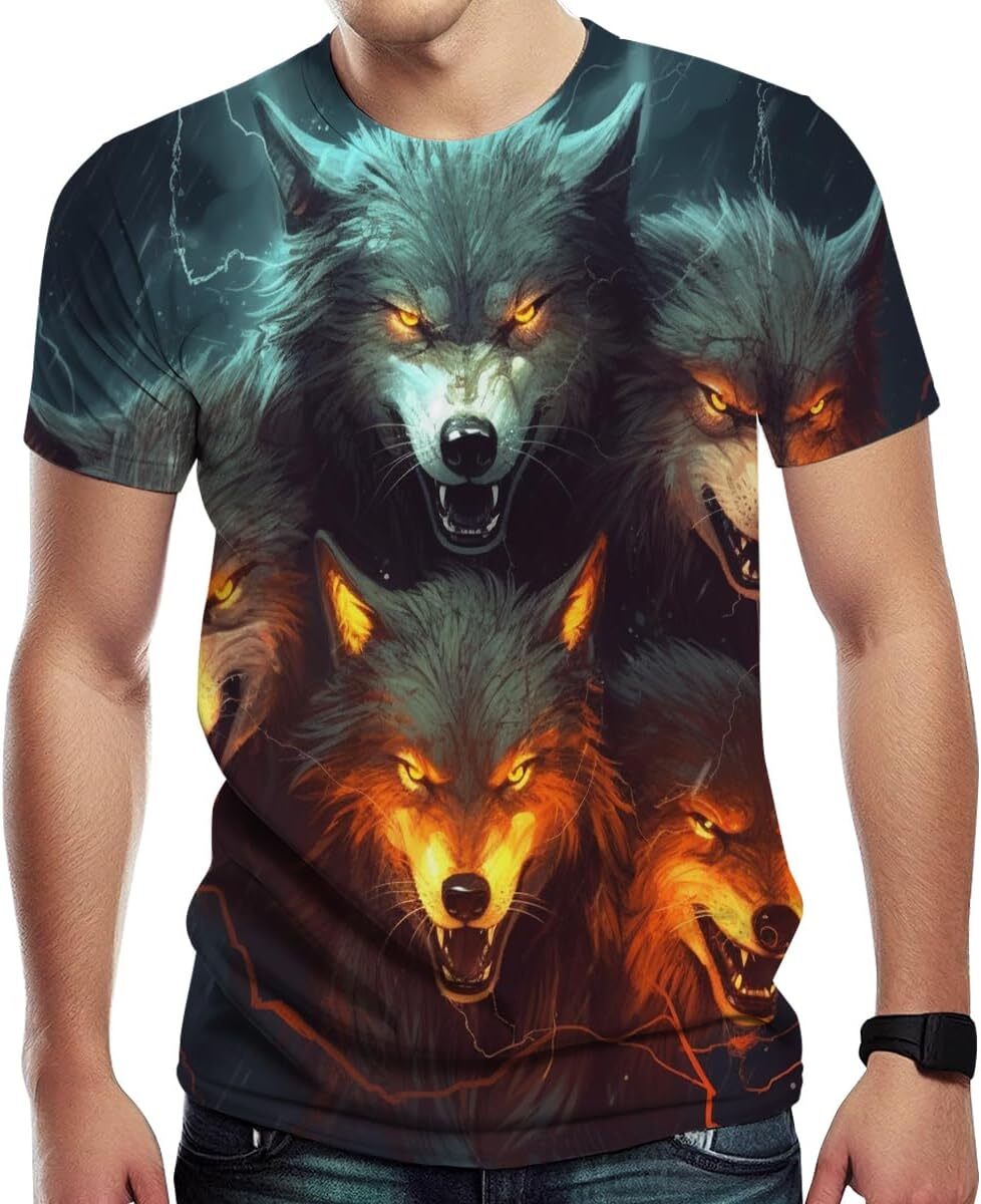 Mens T shirt Men's Novelty cool Wolf Graphic Print in Front and Back tee Casual tops summer clothes Breathable and stylish