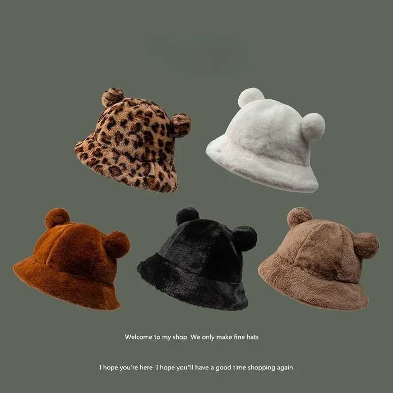 Cute autumn and winter leopard fur bucket hat bear ear ball plush fisherman hat soft thick basin hat sun protection bucket hat X241023