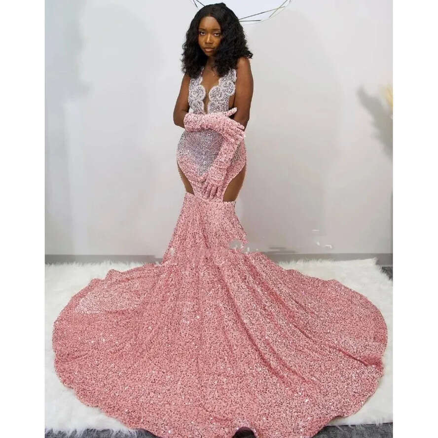 Sparkg Peach Pink Long Prom Dress 2024 For Black Girls Sexy Diamante Sequins See Through Birthday Party Gowns Vestidos