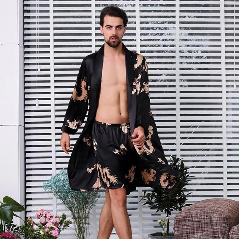 Large size 4XL 5XL mens satin robe set with dragon print 2PCS sleepwear silk sleepwear and robe set for mens casual kimono loose home wear 241023