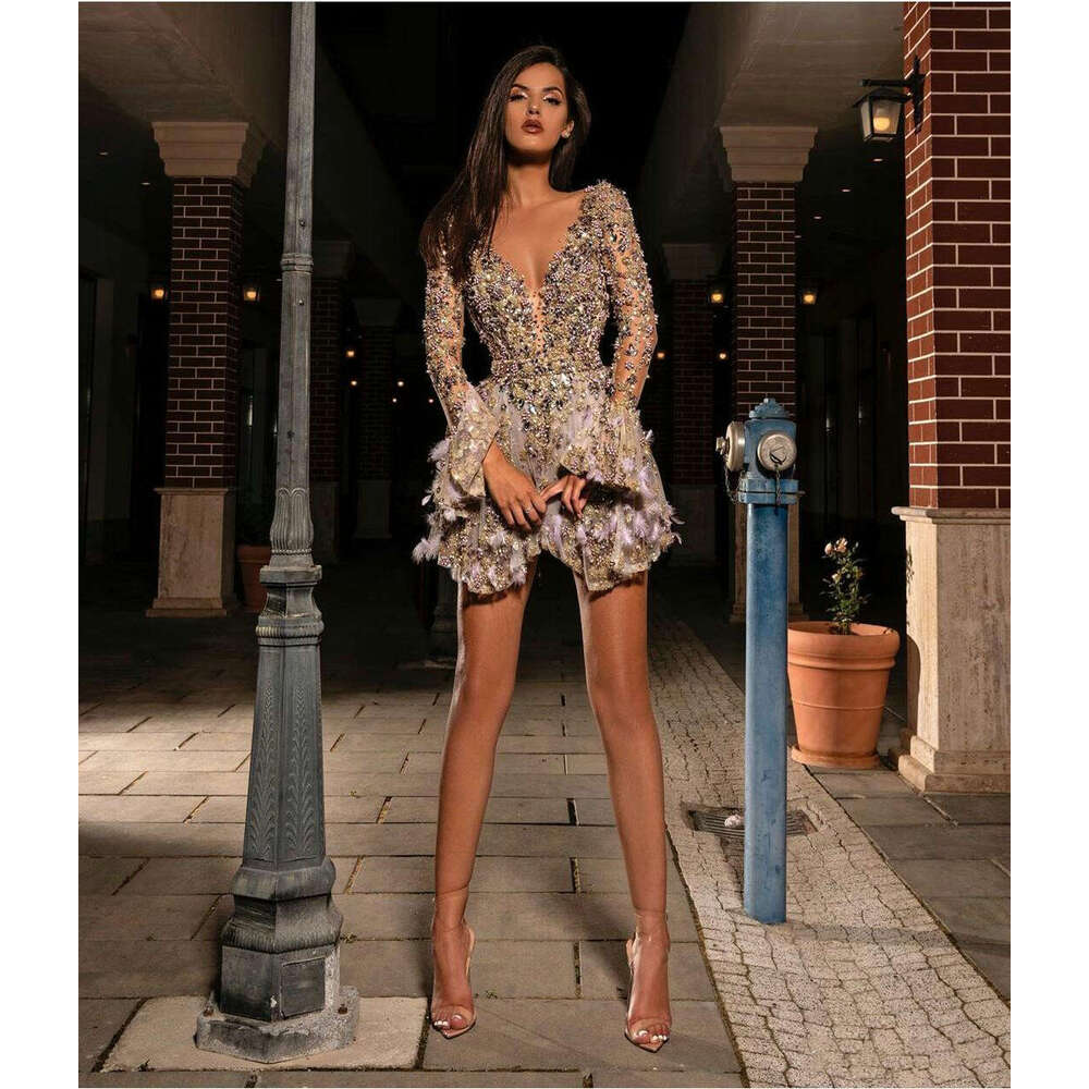 A e Deep V Neck Tulle Mini tail Dress for Women See Through Long Sleeve Prom Party Dresses with Bead Feather Crystal 2023