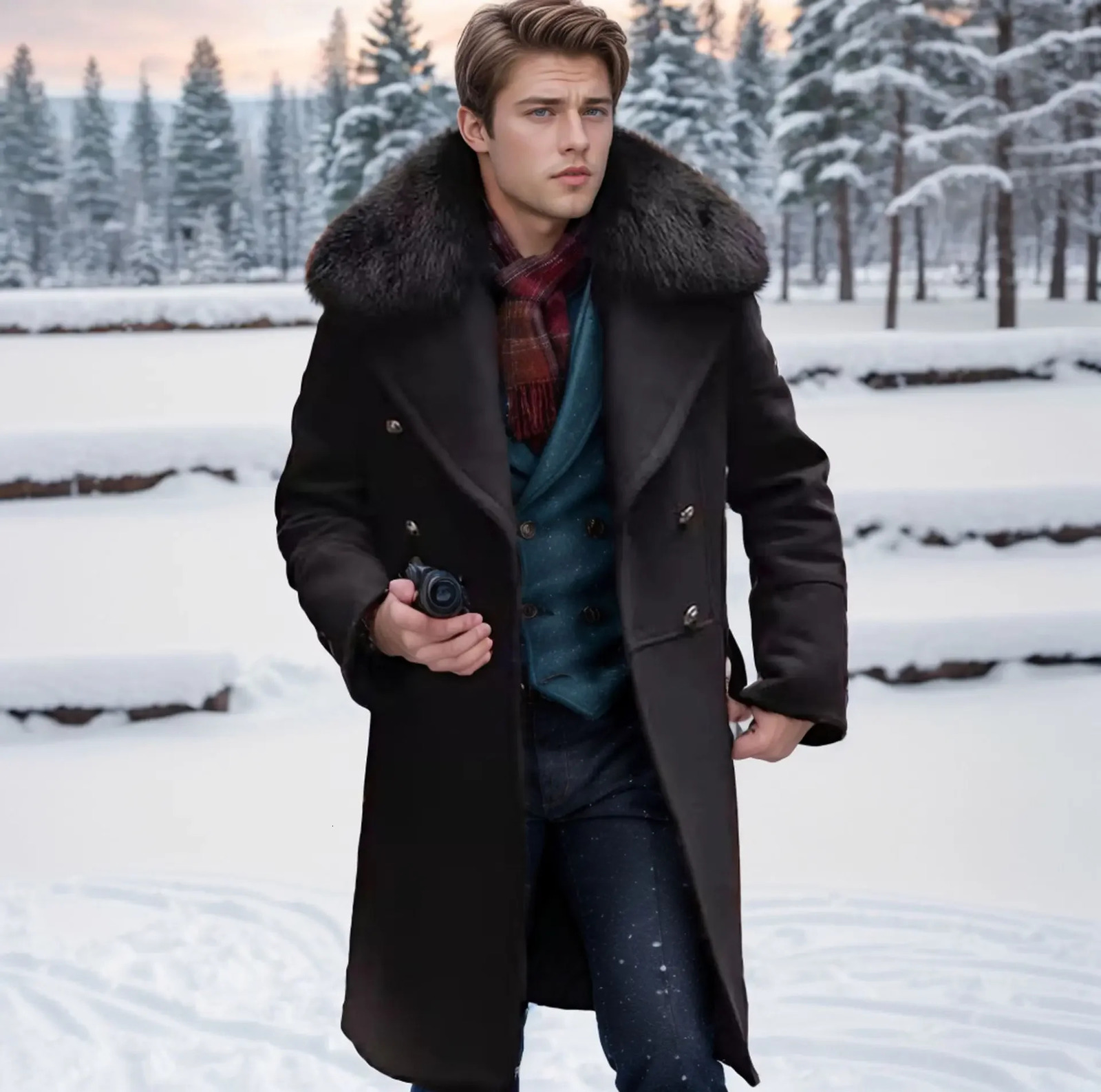 European and American mens autumn and winter casual wool coat young mens double-layer fur collar coat S-5XL 241024