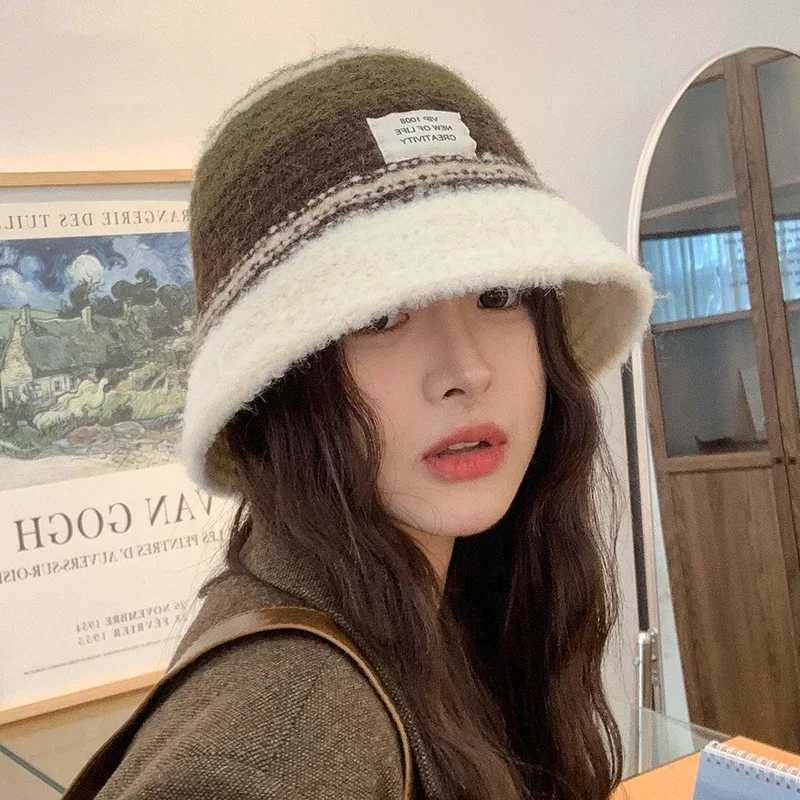 Winter Warm Pot Hat Color Blocking Fishermans Hat Warm Bucket Hat Plush Fem Style Versatile for Daily Use Girl Decoration X241023