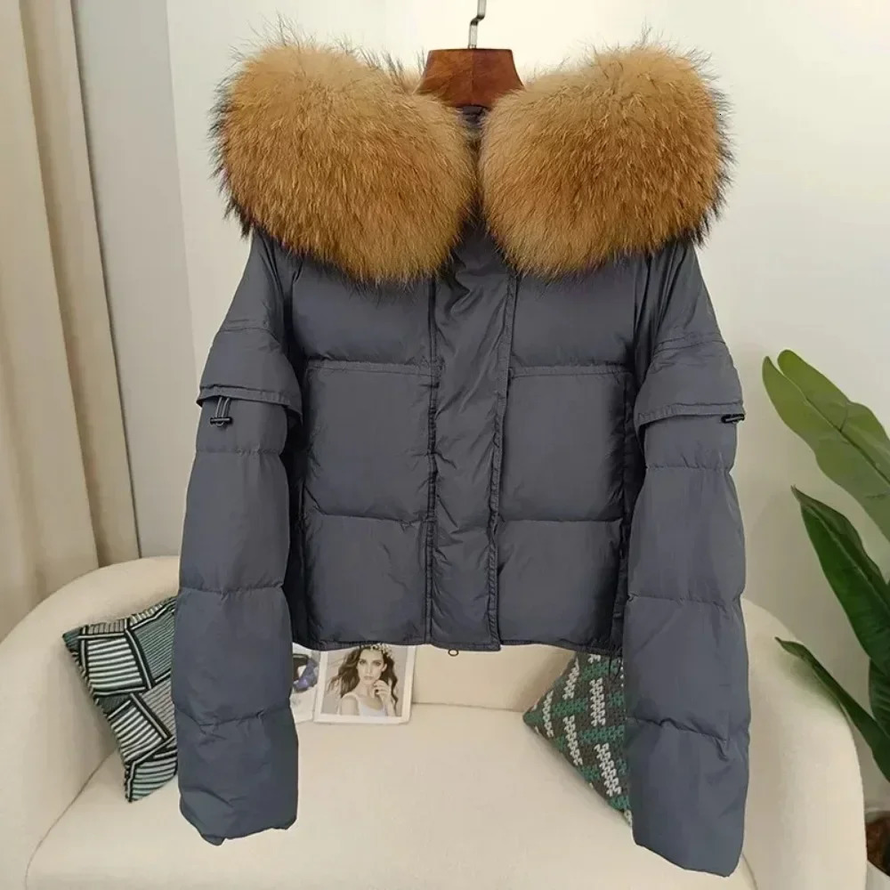 Coat Autumn Winter Womens Hoodies Fashionable Street Clothing Detachable Sleeves Genuine Raccoon Fur Collar Jacket Down Jacket 241023