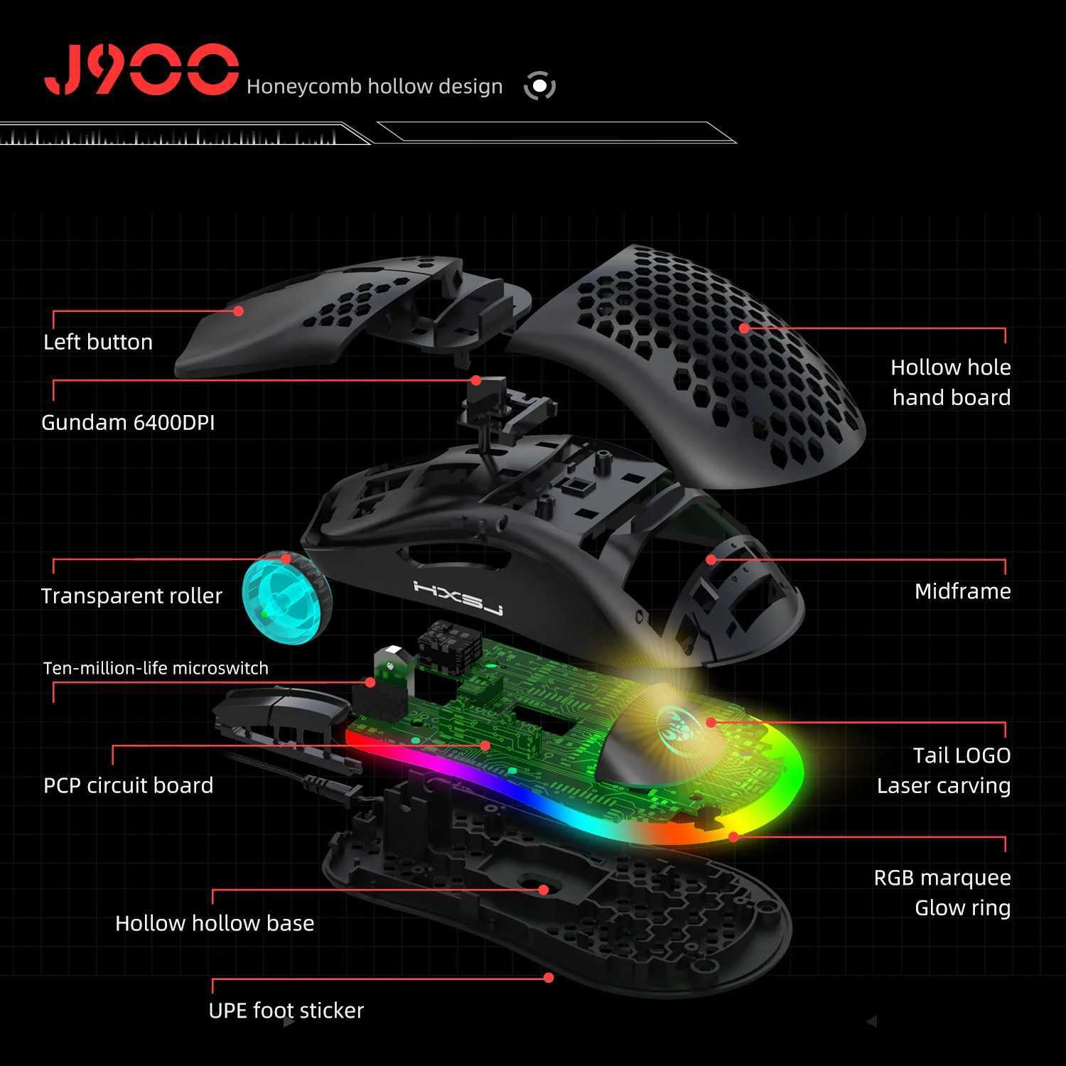 HXSJ J900 USB Wired Gaming Mouse RGB Gaming Mouse with Six Adjustable DPI Ergonomic Design for Desktop Laptop PC Computer OfficeLX241024