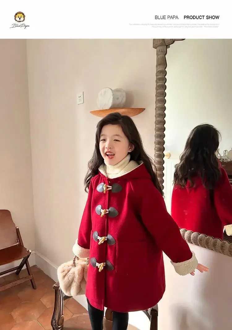 Horn button jacket winter new childrens wool jacket baby girl apron warm and comfortable W241023