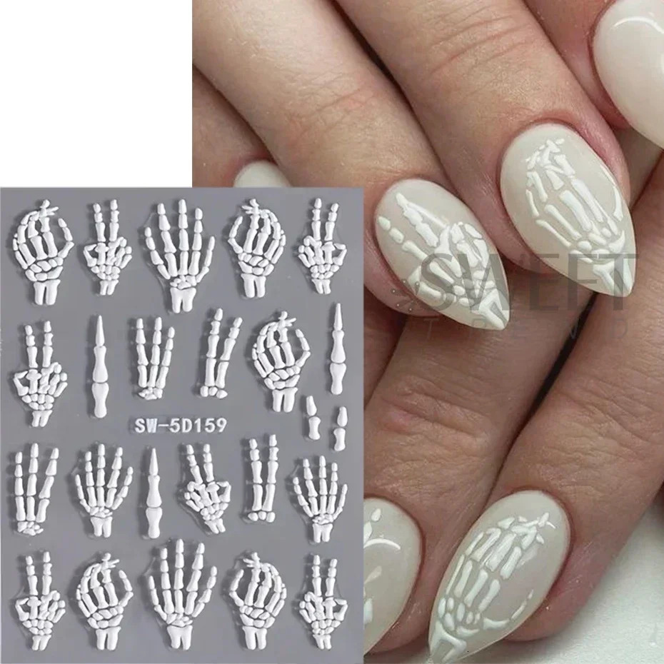5D relief skeleton hand Halloween nail art sticker devils eye slider sticker DIY handmade decoration pointed nail accessory tool 241024