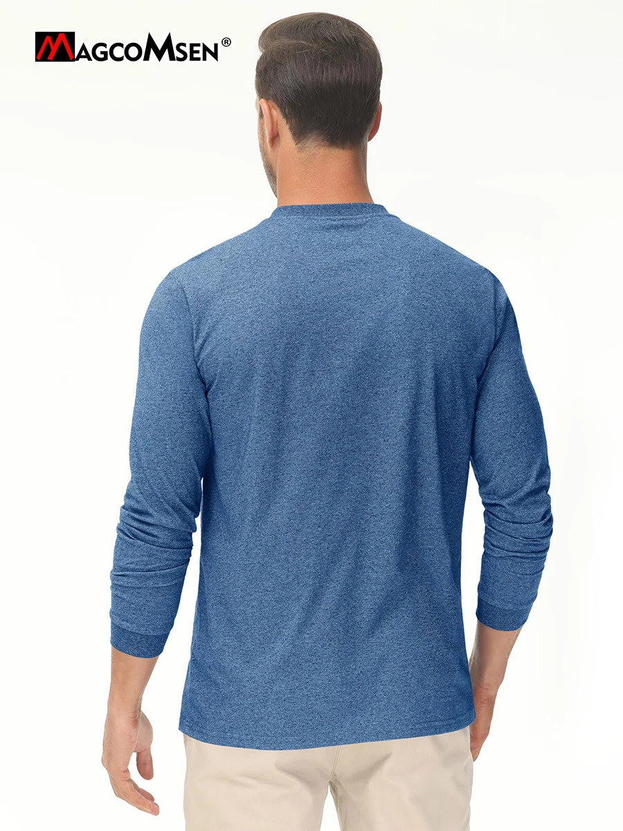 MAGCOMSEN Henley Cotton T-shirt mens long sleeved mens front checkered shirt fashionable Henry collar T-shirt casual retro streetwear 241024