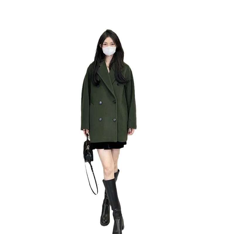 Rose Real Wool Coats Jackets Women Simple Versatile Cashmere Double Breasted High-Grade Woolen Coat Long Sleeves 2023