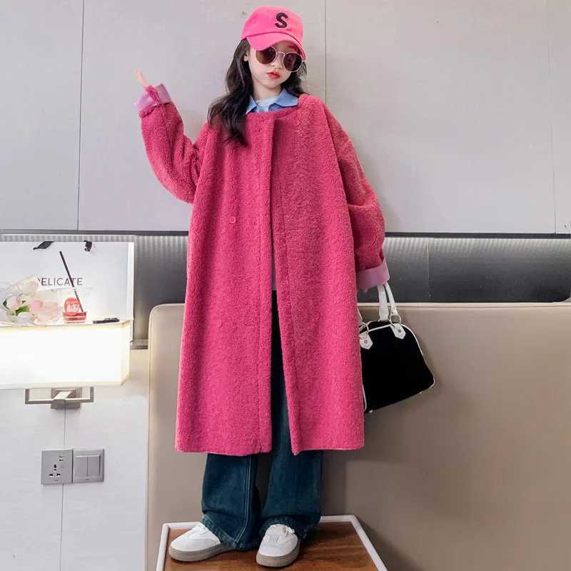 Girls fur coat autumn long wool coat youth coat rose casual loose childrens clothing 12 13 14 years old W241023