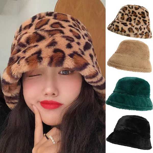 Cashmere plush bucket hat for warm bucket hat Panama cowhide leopard fisherman hat ladies outdoor street winter hat X241023