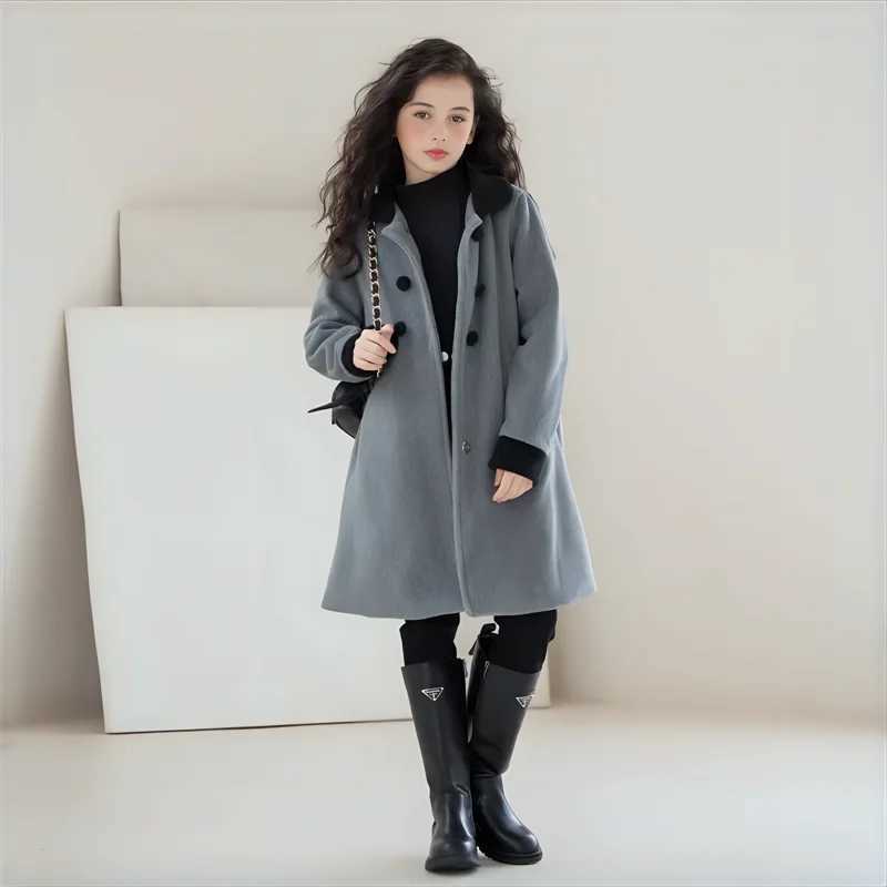 Winter girls wool coat long double-sided coarse tweed childrens coat fashionable casual gray 10 12 14 year old teenagers coat W241023