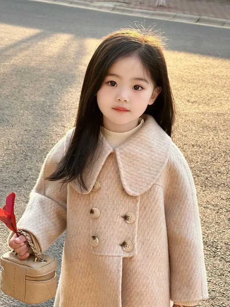 Korean childrens clothing girls wool coat autumn and winter new product baby slider doll collar medium length coat W241023