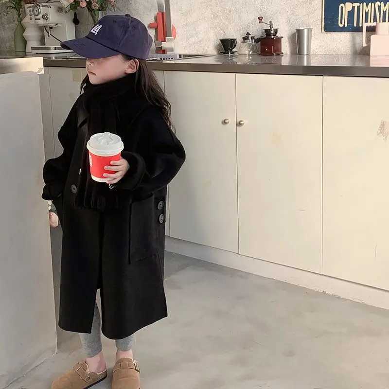 Teenage girls cotton padded thick wool coat childrens cute winter long coat fashionable 2-12 pieces of clothing for teenage girls S44 W241023