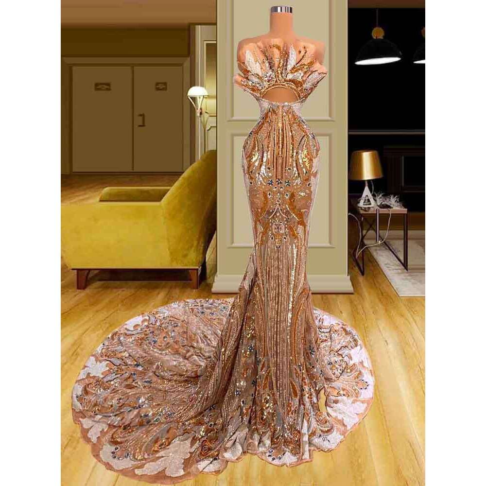 2023 Gorgeous Mermaid Dresses Strapless Hand Beaded Sequins With Train Sparkly Prom Dress Evening Gown