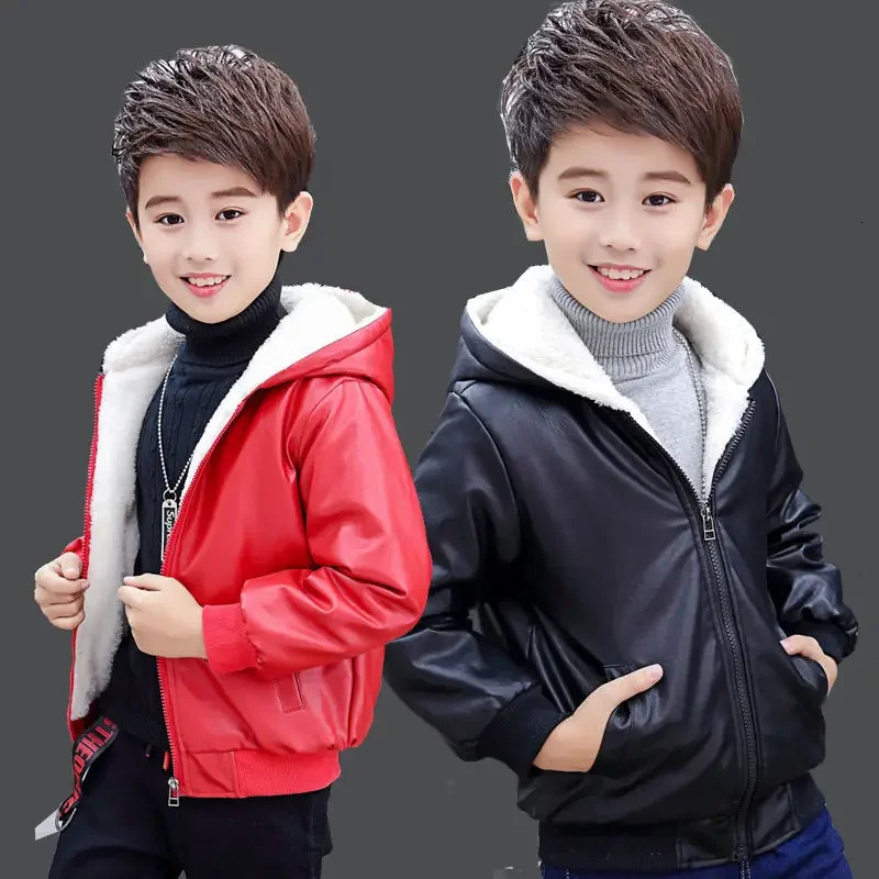 6 9 10 12 year old children boys and girls hooded fur zipper bicycle leather jacket winter warm wool jacket childrens jacket 241023