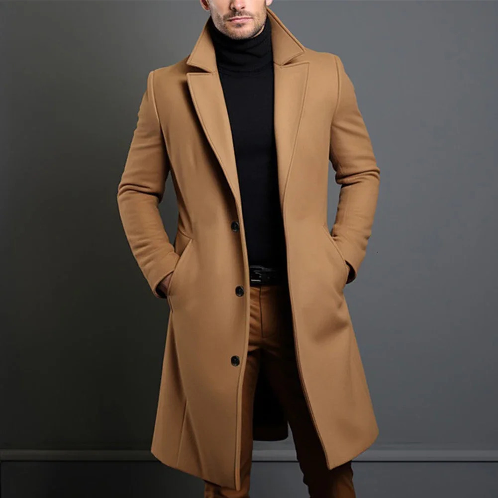 Mens long warm wool trench coat solid color single chest wool blend coat top coat 241024