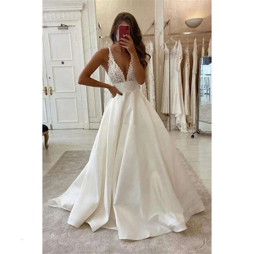2023 Simple Satin A E Dresses With Buttons Sexy Open Back Vestidos De Novia Deep V Neck Lace Sleeveless Bride Wedding Beach Formal Bridal Gowns