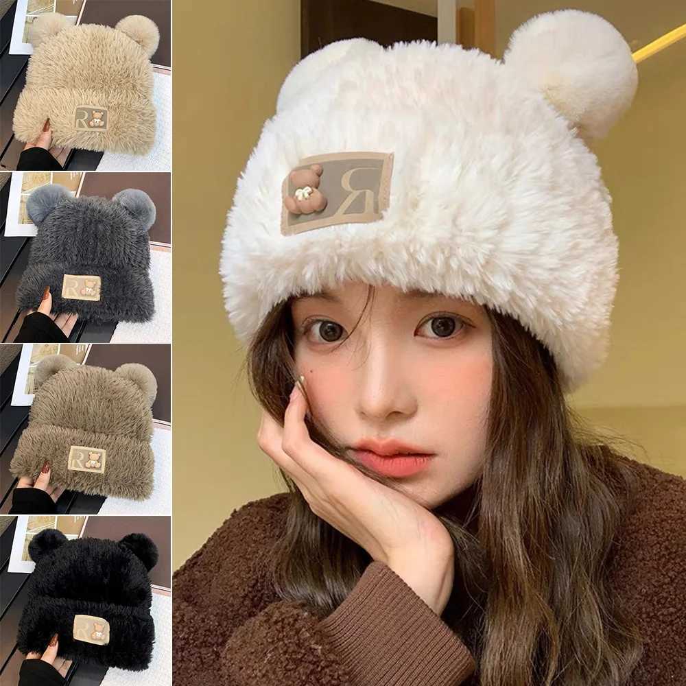 New ear protection plush hat plush cute bear bean hat wool warm hat X241023