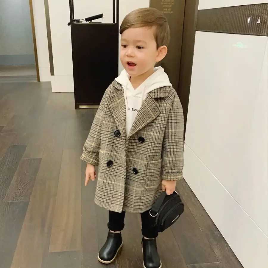 Winter grid jacket for boys and girls wool double-layer baby boy trench coat lapel autumn childrens coat spring wool coat W241023