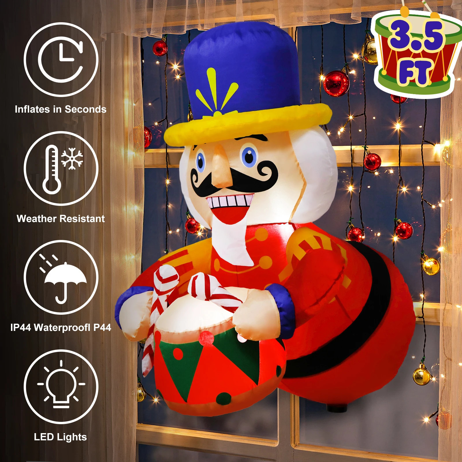 3.5-foot Christmas inflatable outdoor decorative nutcracker blow molded to pop out of the window with LED used for Christmas courtyard garden decorati