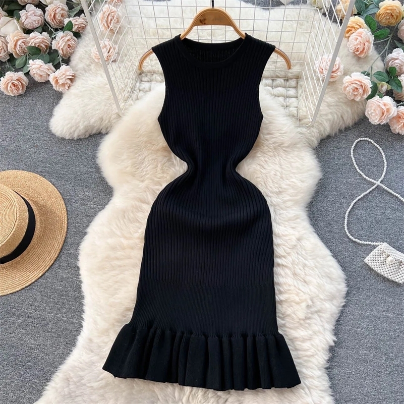 Summer Knitted Bodycon Sexy Dress 2024 O Neck Sleeveless Ruffled Party Sundress High Street Elastic Slim Short 241007
